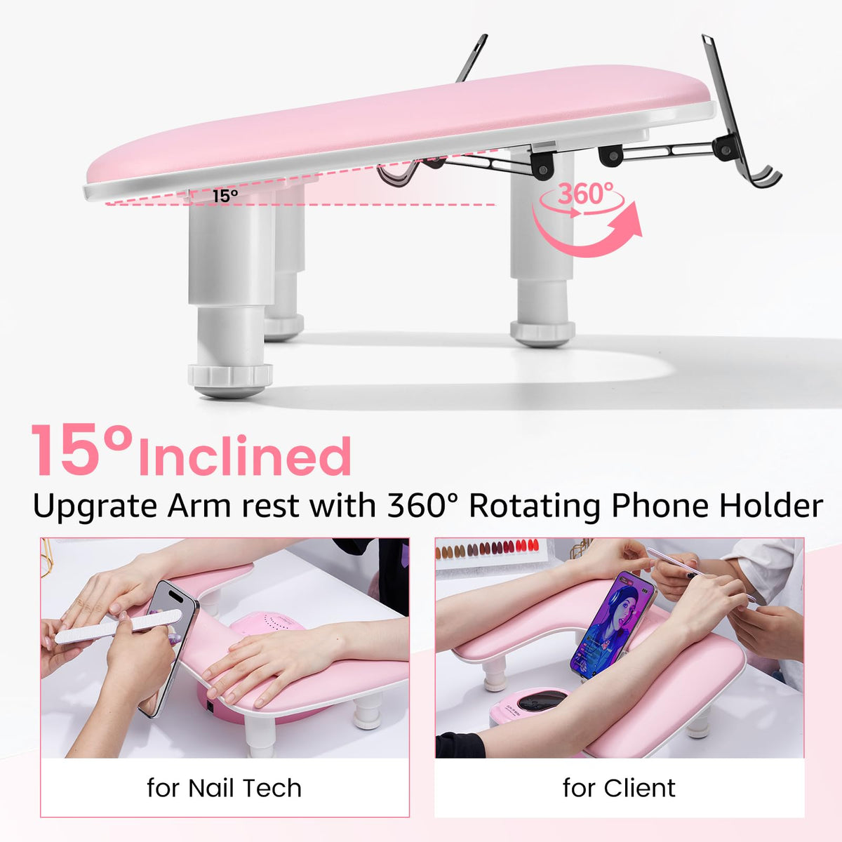Top view of Quaferen U-Shaped Arm Rest with phone holder in use