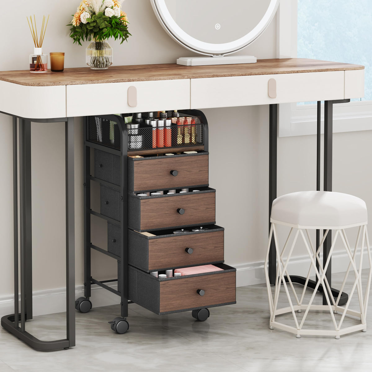 Top view of SWTYMIKI Rolling Makeup Organizer showing compartments