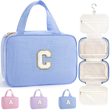 TOPEAST Hanging Toiletry Bag blue front view with compartments