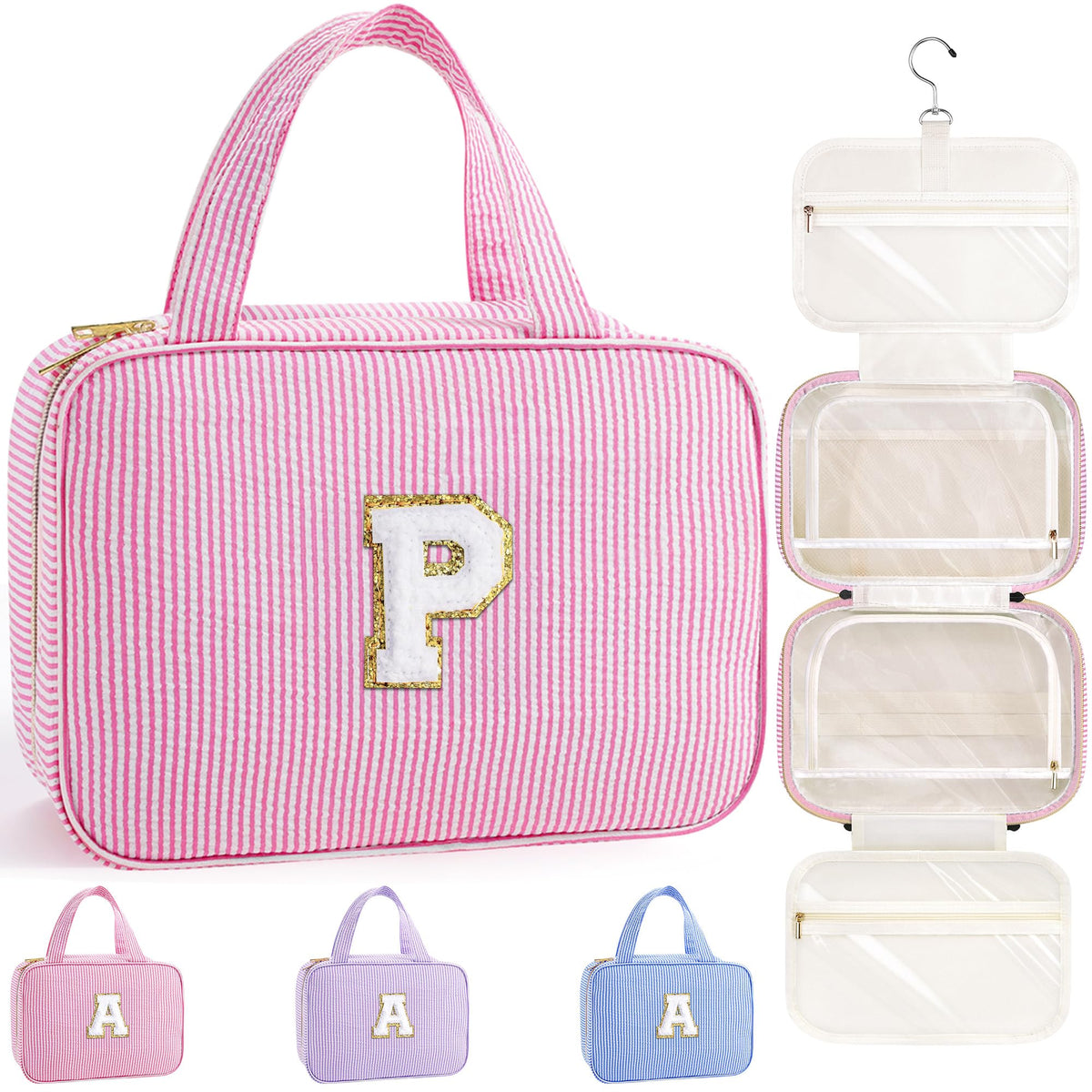 TOPEAST Hanging Toiletry Bag front view in pink with initial patch