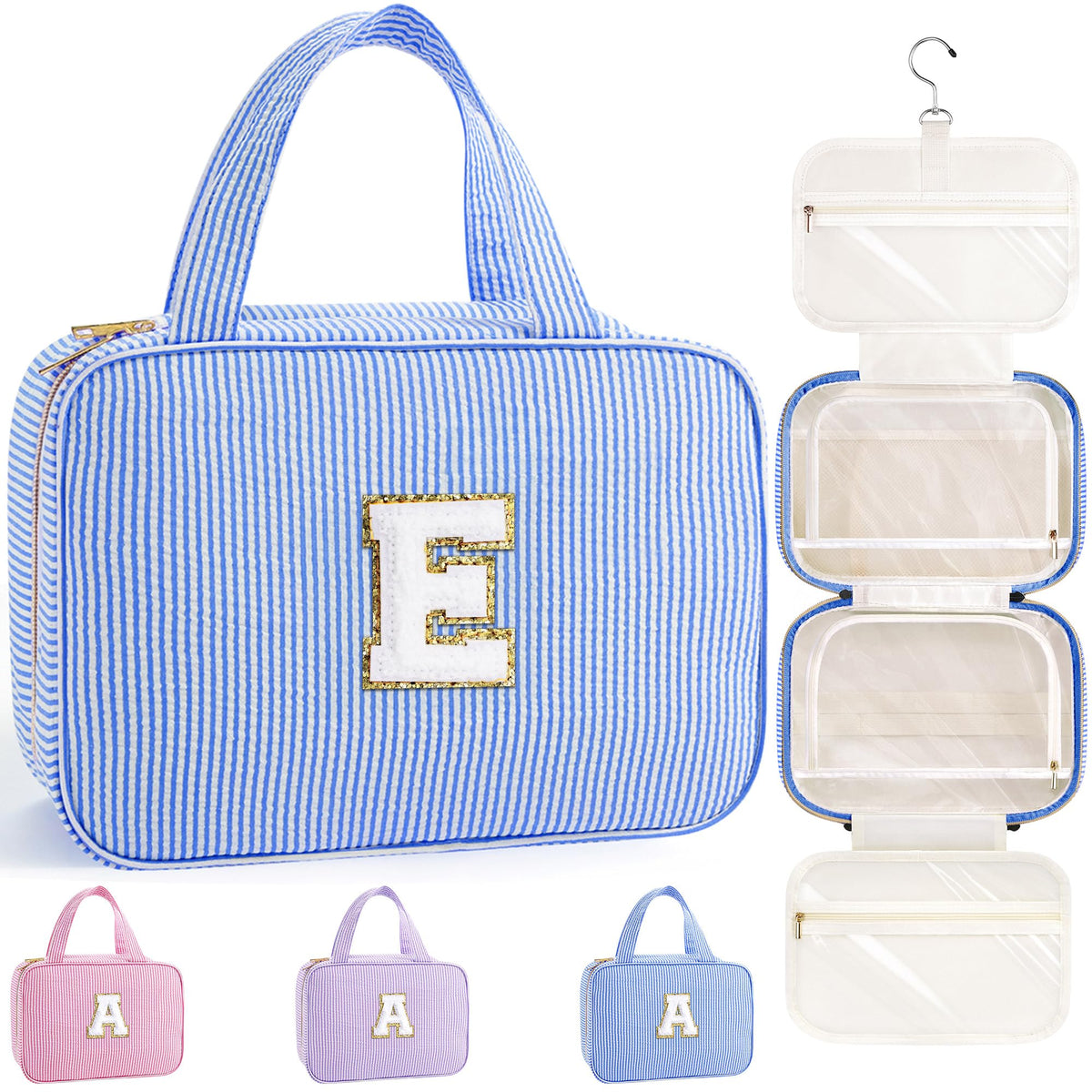 TOPEAST Hanging Toiletry Bag front view showing initial E in blue