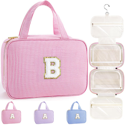 TOPEAST Hanging Toiletry Bag front view with gold glitter initial patch