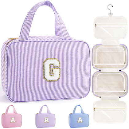 TOPEAST Hanging Toiletry Bag front view with personalised initial G in purple