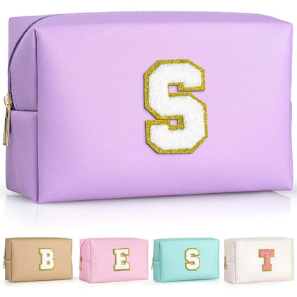 TOPEAST Initial Cosmetic Bag purple front view with gold glitter patch