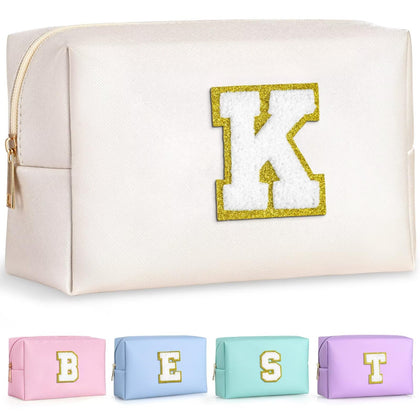 TOPEAST Initial Cosmetic Bag white model front view with gold glitter patch