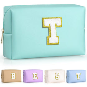 TOPEAST Initial Makeup Bag blue model front view with chenille patch