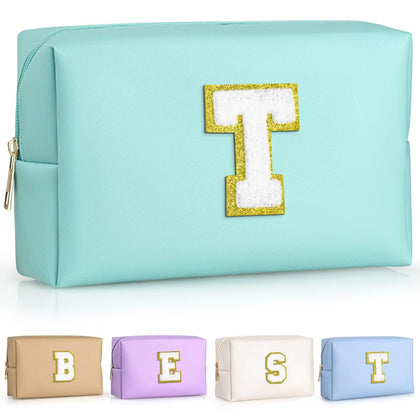 TOPEAST Initial Makeup Bag blue model front view with chenille patch