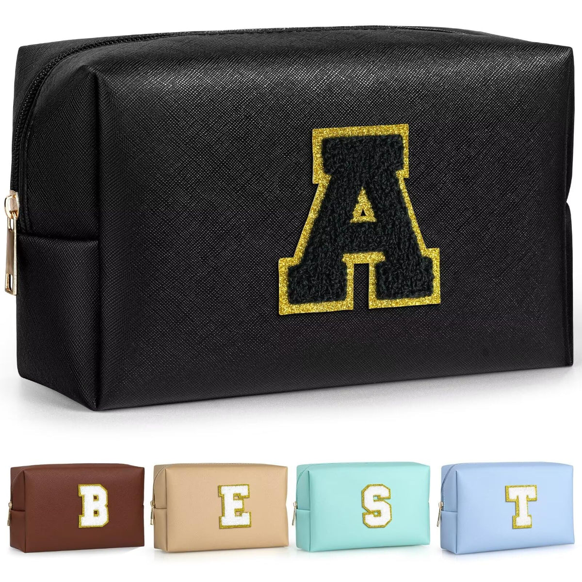 TOPEAST Initial Makeup Bag front view in black with personalised patch