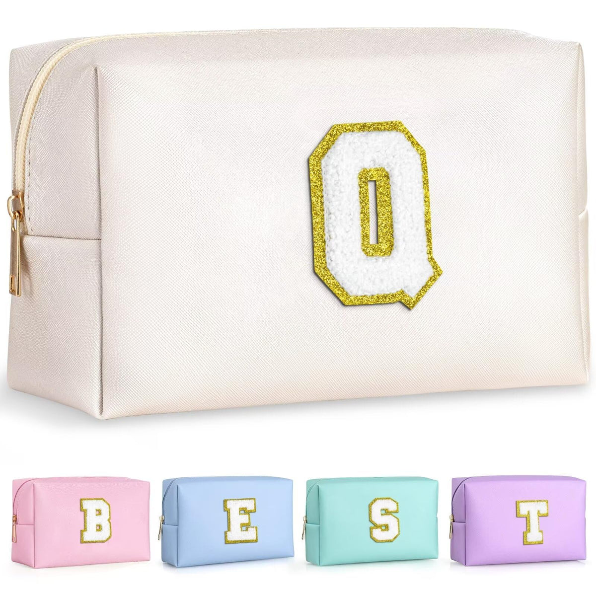 TOPEAST Initial Makeup Bag in White Q with gold glitter chenille patch