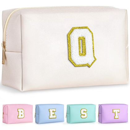 TOPEAST Initial Makeup Bag in White Q with gold glitter chenille patch
