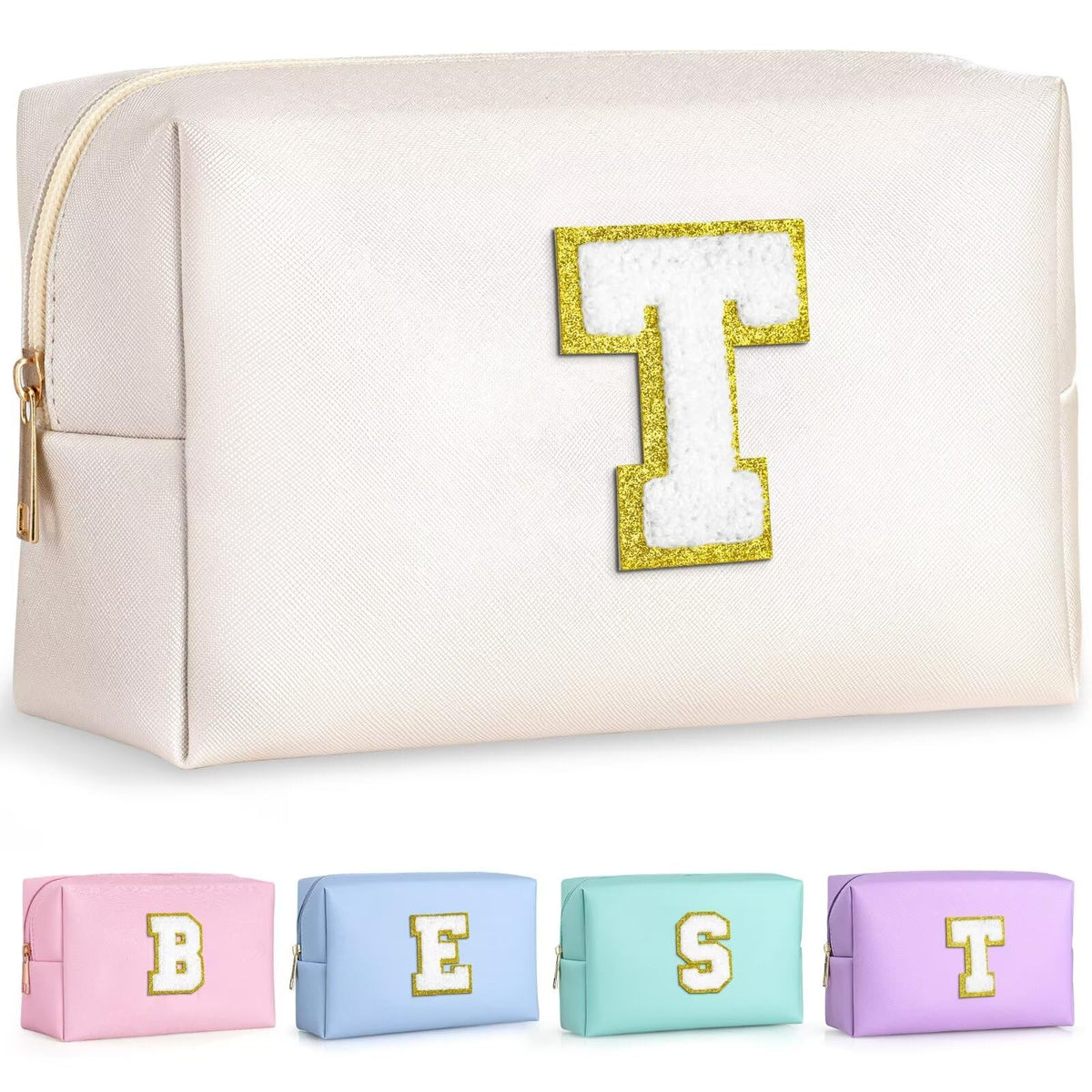 TOPEAST Initial Makeup Bag with gold glitter chenille patch front view