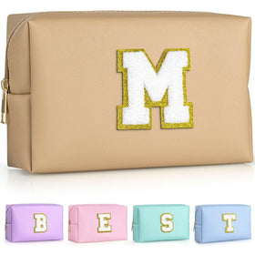 TOPEAST Monogrammed Makeup Bag in khaki with gold glitter patch