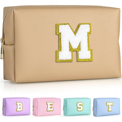 TOPEAST Monogrammed Makeup Bag in khaki with gold glitter patch