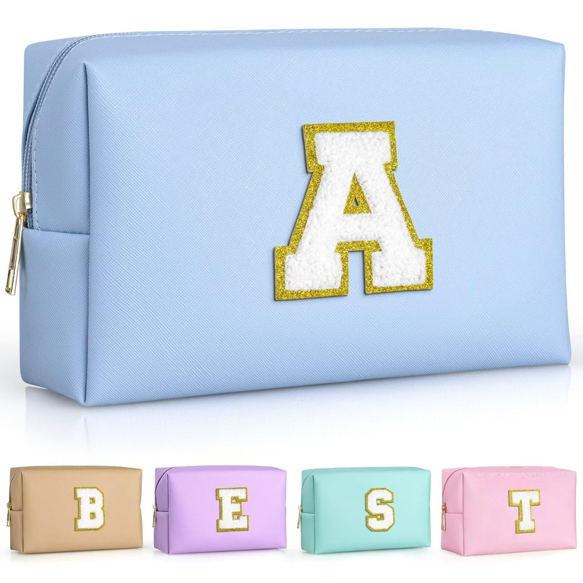 TOPEAST Personalised Initial Makeup Pouch in sky blue with gold glitter patch
