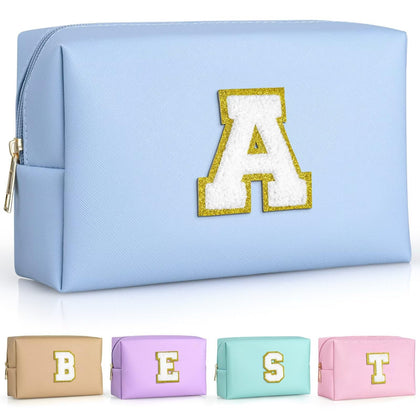 TOPEAST Personalised Initial Makeup Pouch in sky blue with gold glitter patch
