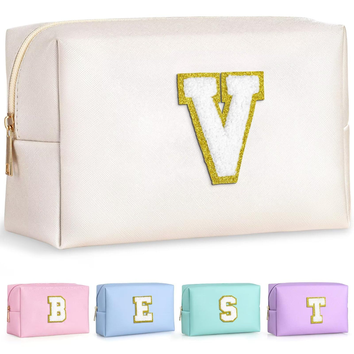 TOPEAST personalised makeup bag front view with gold glitter patch