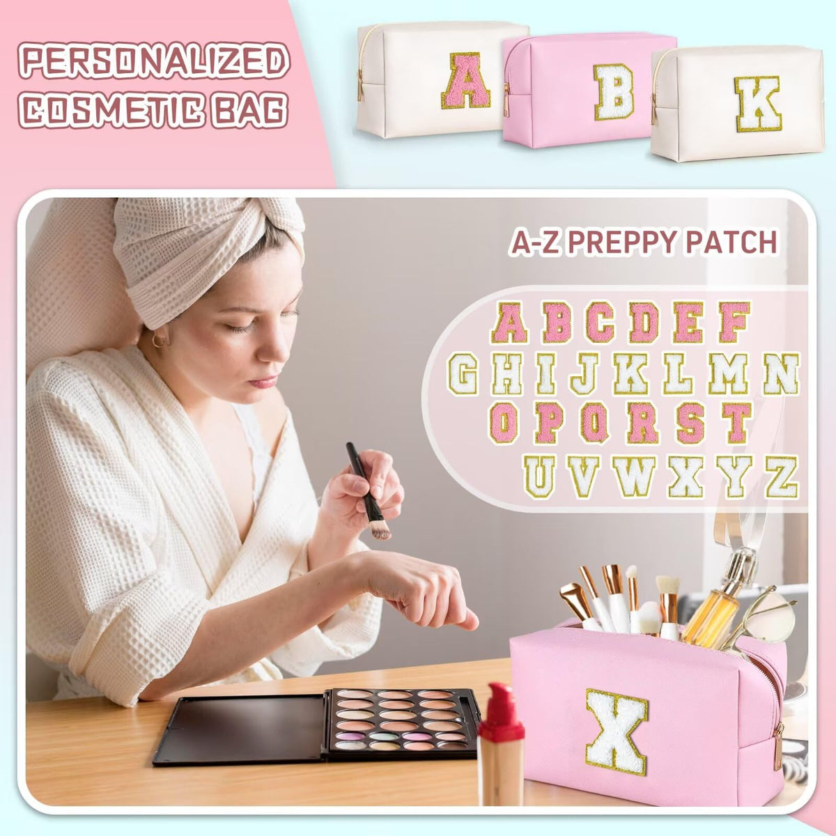 TOPEAST Personalised Makeup Bag with gold glitter patch