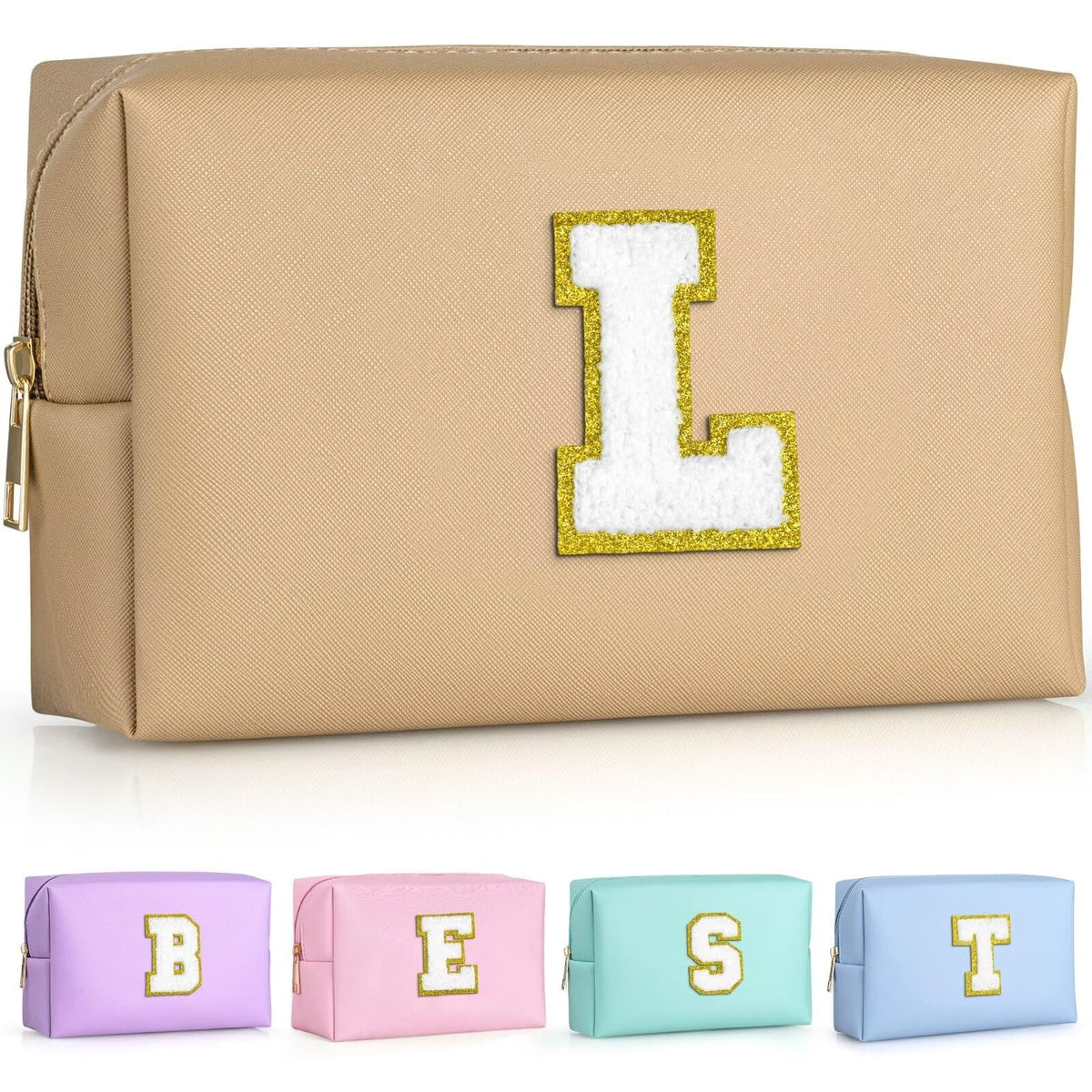 TOPEAST Personalized Makeup Bag in khaki with gold glitter chenille patch front view