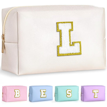 TOPEAST personalized makeup bag white with gold glitter chenille patch front view