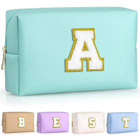 TOPEAST Preppy Makeup Bag front view in blue with personalised initial