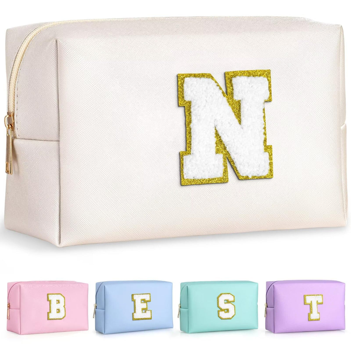 TOPEAST Preppy Makeup Bag front view with gold glitter patch