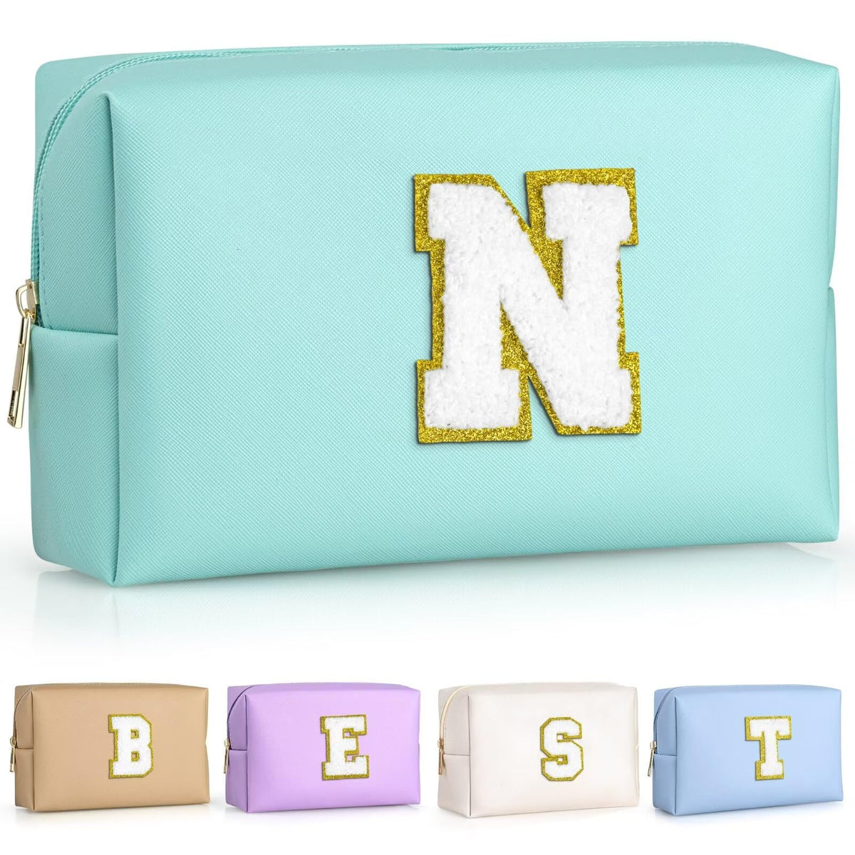 TOPEAST Preppy Makeup Bag front view with gold glitter patch