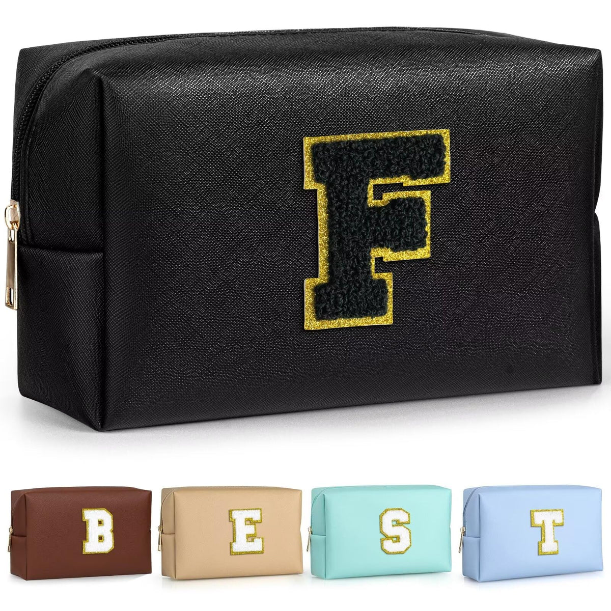 TOPEAST Preppy Makeup Bag in black with gold glitter patch front view