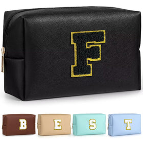 TOPEAST Preppy Makeup Bag in black with gold glitter patch front view