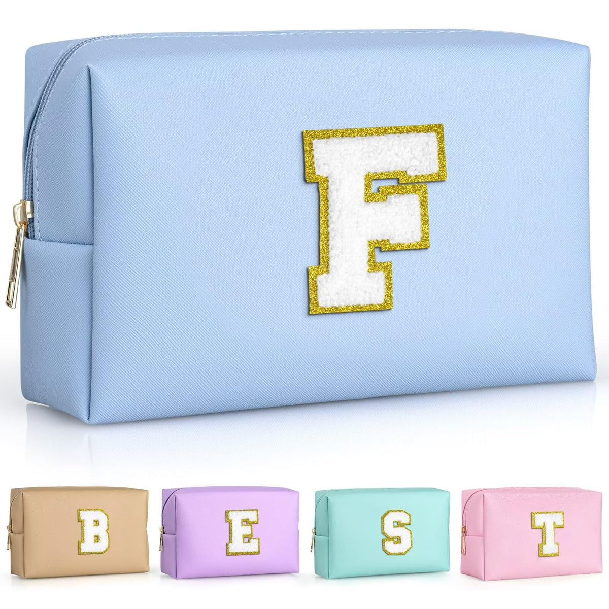 TOPEAST Preppy Makeup Bag in Sky Blue with gold glitter patch
