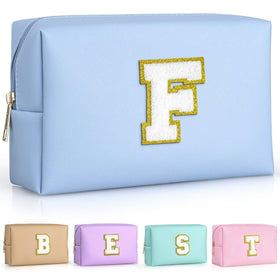 TOPEAST Preppy Makeup Bag in Sky Blue with gold glitter patch