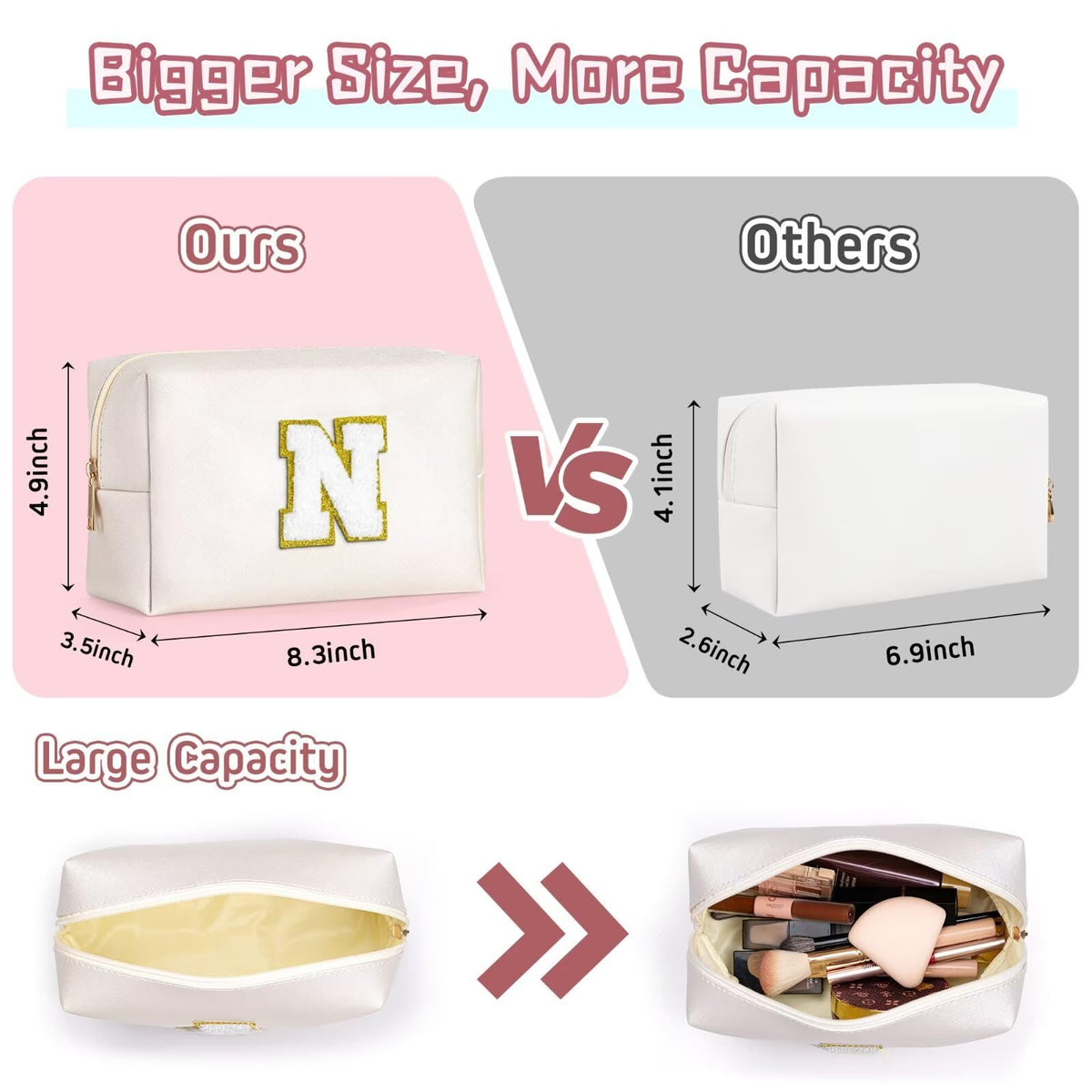 TOPEAST Preppy Makeup Bag side view showing zipper