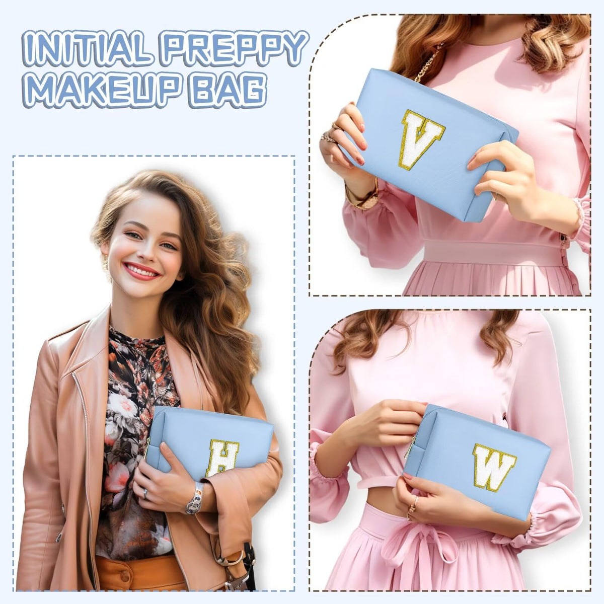 TOPEAST Preppy Makeup Bag with personalised initials on display