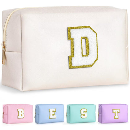 TOPEAST Preppy Small Makeup Bag with gold glitter chenille patch front view