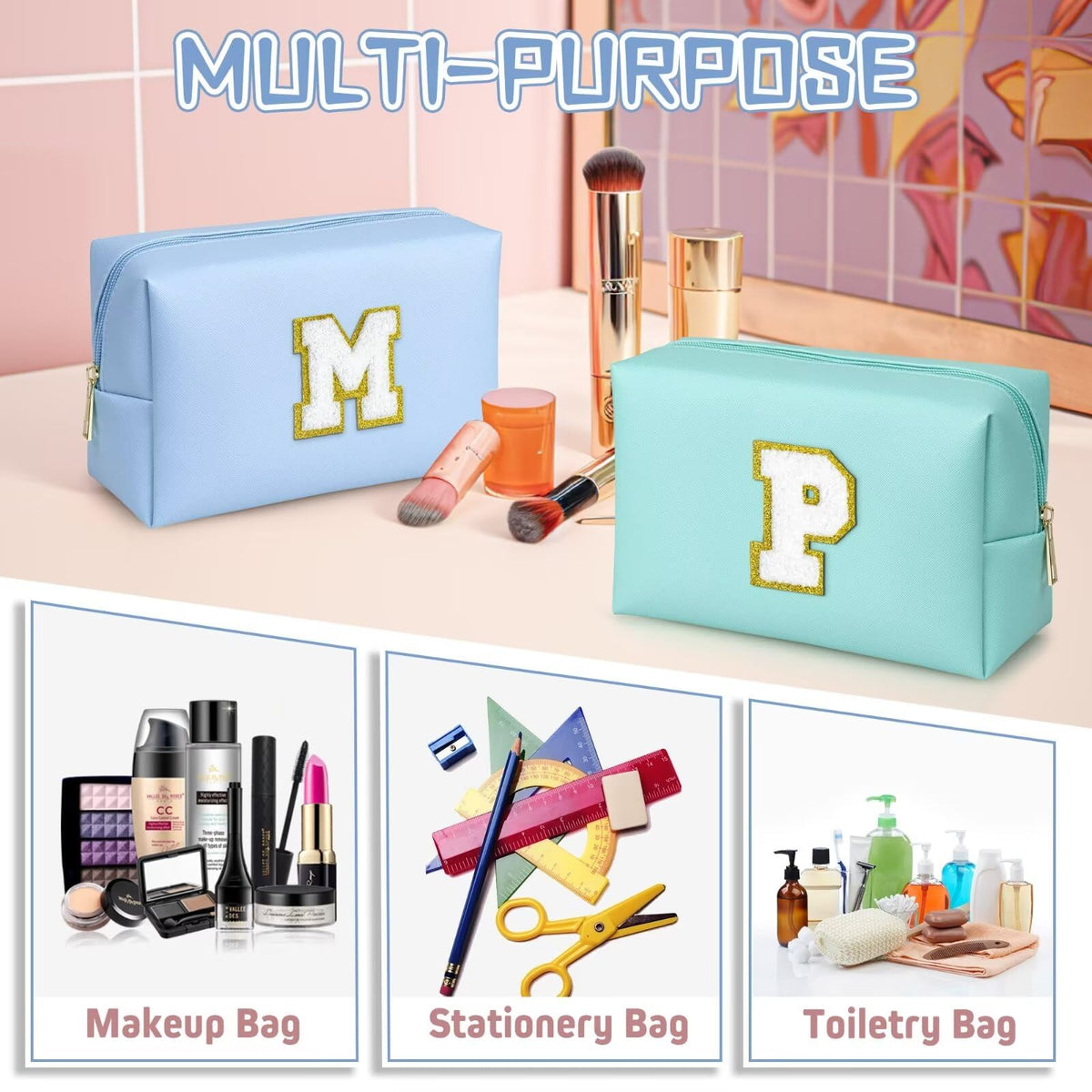 TOPEAST Sky Blue Makeup Bag with personalised initial patch