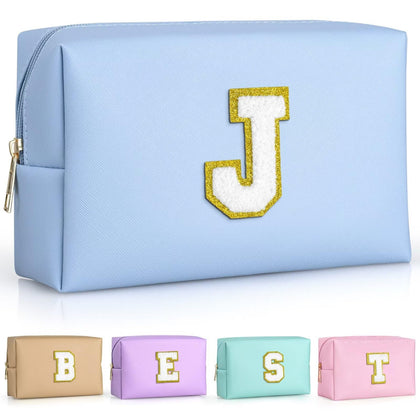 TOPEAST Small Makeup Bag in Sky Blue with personalised initial patch front view