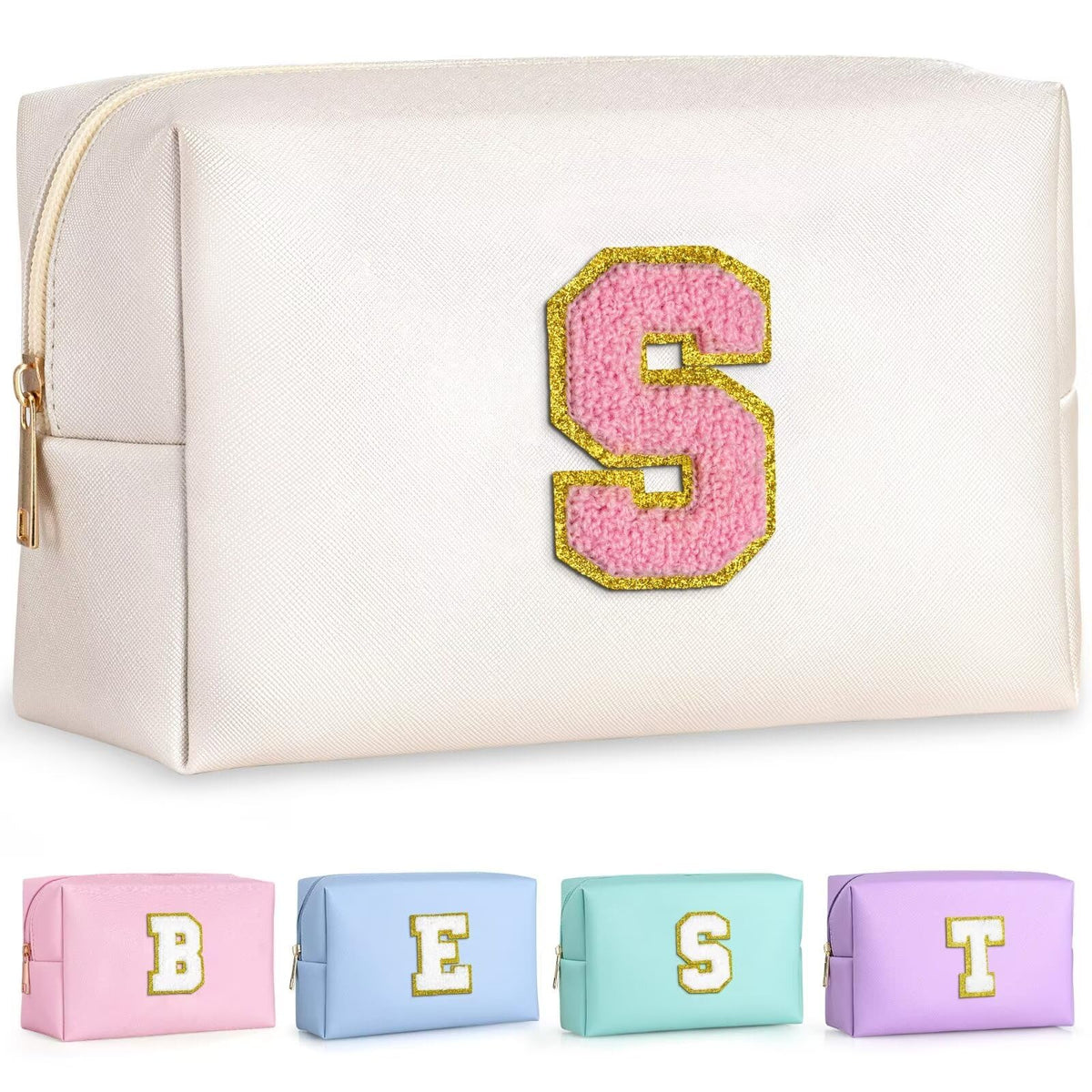 TOPEAST Small Makeup Bag Pearly White with gold glitter patch front view