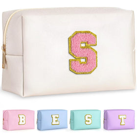 TOPEAST Small Makeup Bag Pearly White with gold glitter patch front view