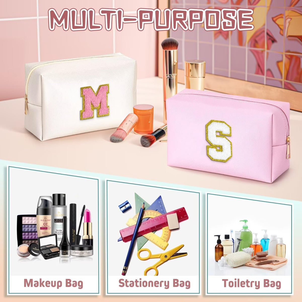 TOPEAST Small Makeup Bag Pearly White with personalised initial patch