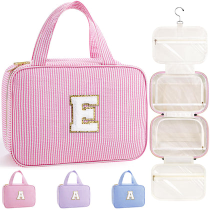 TOPEAST Travel Hanging Toiletry Bag front view in pink with initial