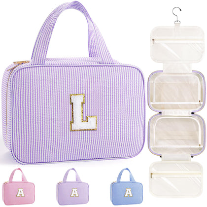 TOPEAST Travel Hanging Toiletry Bag front view in purple with initial