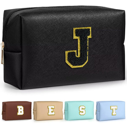TOPEAST Travel Makeup Bag Black with gold glitter chenille patch