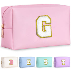 TOPEAST Travel Makeup Bag front view in pink with glitter initial