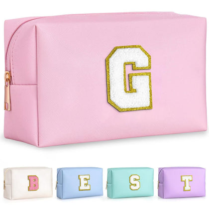 TOPEAST Travel Makeup Bag front view in pink with glitter initial