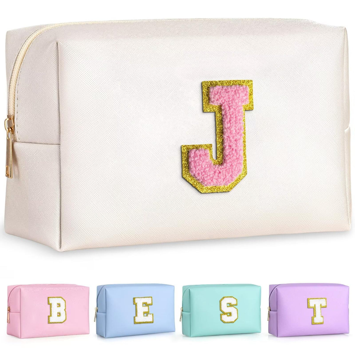 TOPEAST Travel Makeup Bag in Pearly White with gold glitter chenille patch