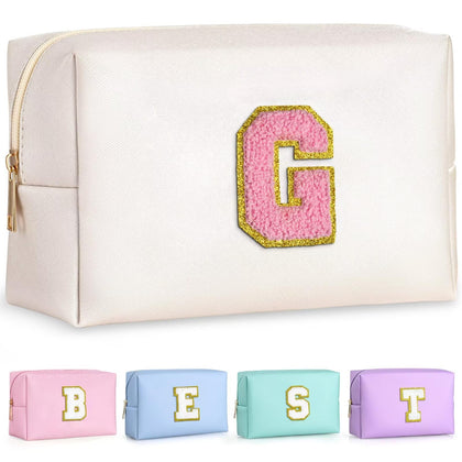 TOPEAST Travel Makeup Bag in Pearly White with Initial Patch front view