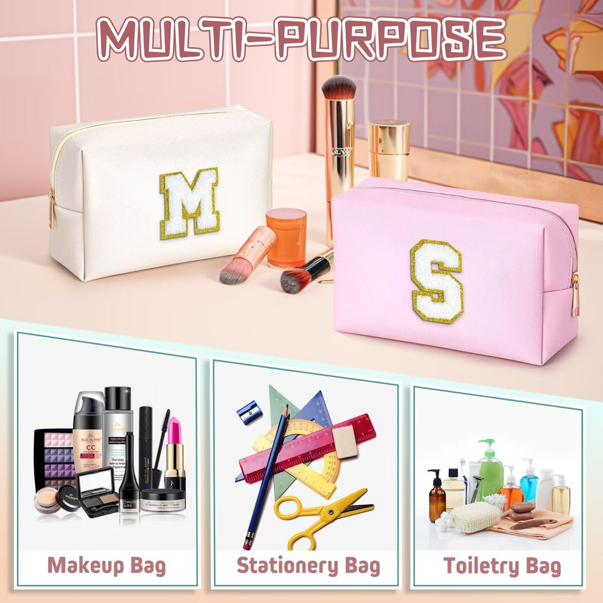 TOPEAST Travel Makeup Bag with initial patch close-up