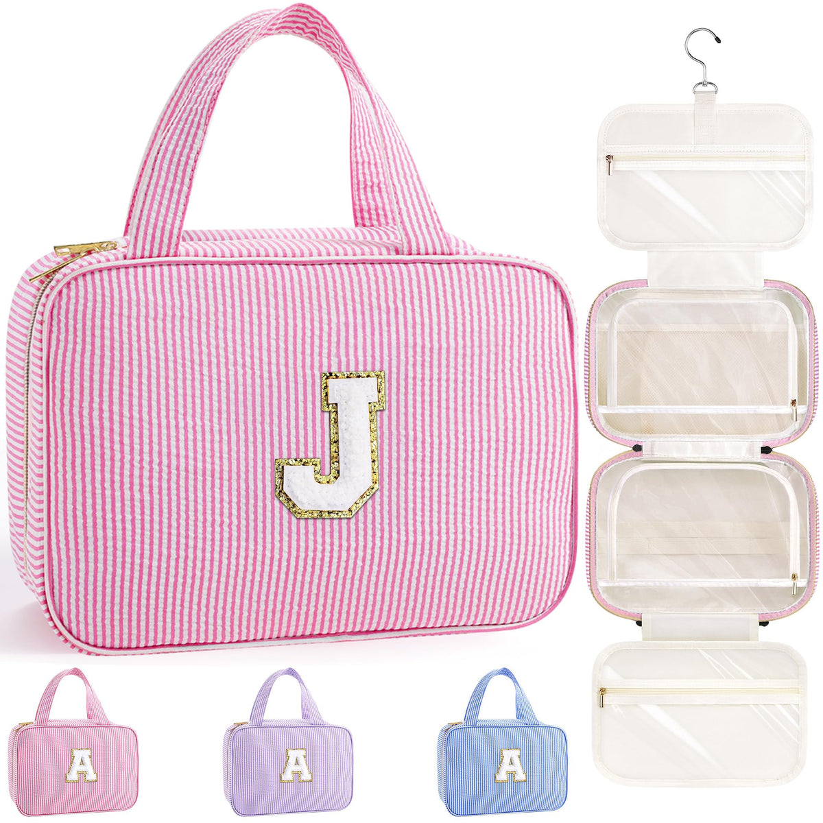 TOPEAST Travel Toiletry Bag in pink front view with initial patch