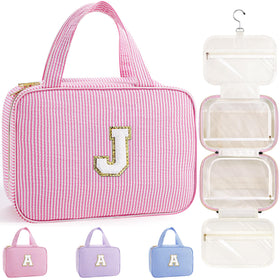 TOPEAST Travel Toiletry Bag in pink front view with initial patch