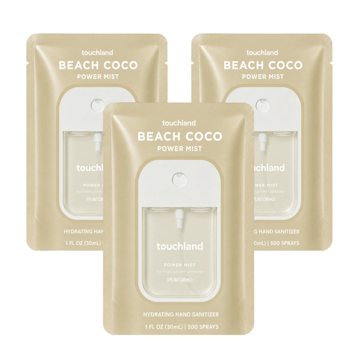 Touchland Beach Coco Hydrating Hand Sanitizer Spray Trio packaging front view