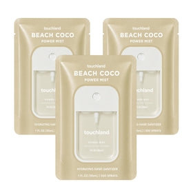 Touchland Beach Coco Hydrating Hand Sanitizer Spray Trio packaging front view